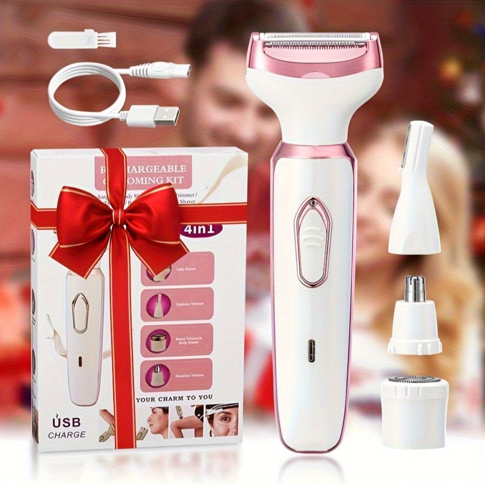 Épilateur 4 en 1 USB rechargeable pour femmes, visage, sourcils, nez et jambes, design compact et adapté aux teints clairs, idéal voyage et cadeau.