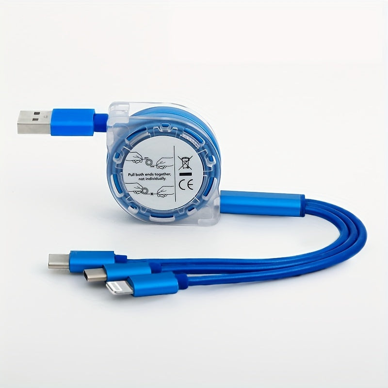Câble USB rétractable 3-en-1, compatible iPhone, Android Type-C et Micro USB, charge rapide pour Samsung, Xiaomi, OnePlus, OPPO, VIVO et autres.