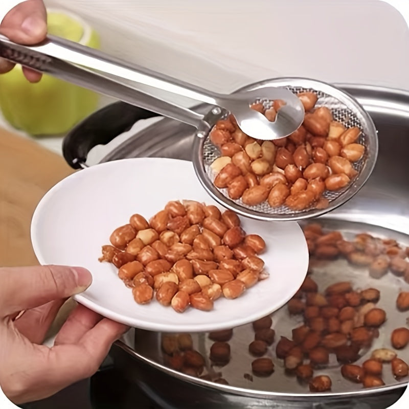 1pc Stainless Steel Frying Oil Filter Clamp & Strainer Spoon - High-Temperature Resistant Kitchen Colander for Efficient Oil Draining, Ideal for Cooking & Frying