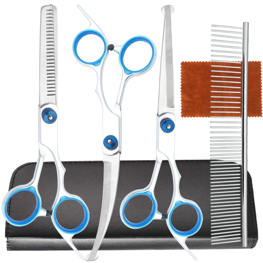 Kit de toilettage 5-en-1 pour chiens. Ciseaux professionnels avec tête ronde, ciseaux effileurs, adapté pour chiens et chats.