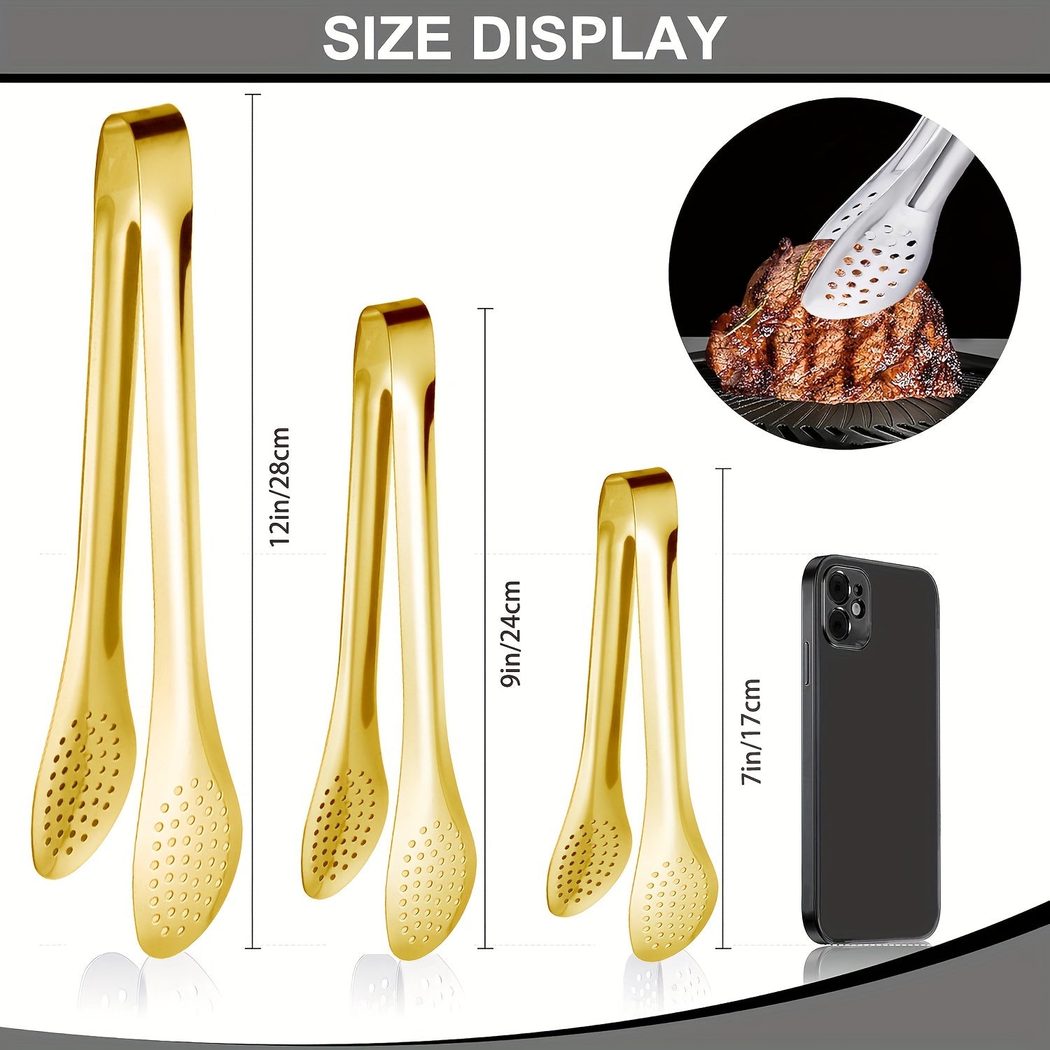 Lot de 6 pinces en acier inoxydable (17,78‑30,48 cm), résistantes à la chaleur et lave-vaisselle, idéales salades, BBQ, pâtes, fruits et buffet.