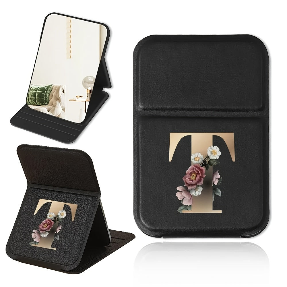 Miroir de maquillage pliable portable, design floral noir et doré, léger, étanche et anti-poussière, parfait cadeau pour enseignants et proches.