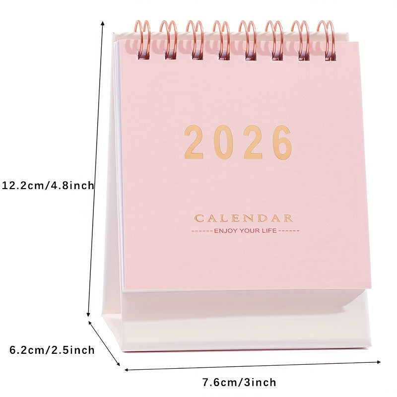Mini calendrier de bureau 2026, planificateur mensuel et hebdomadaire, papier épais 250 g/m², reliure double spirale, compact et élégant pour maison ou bureau.