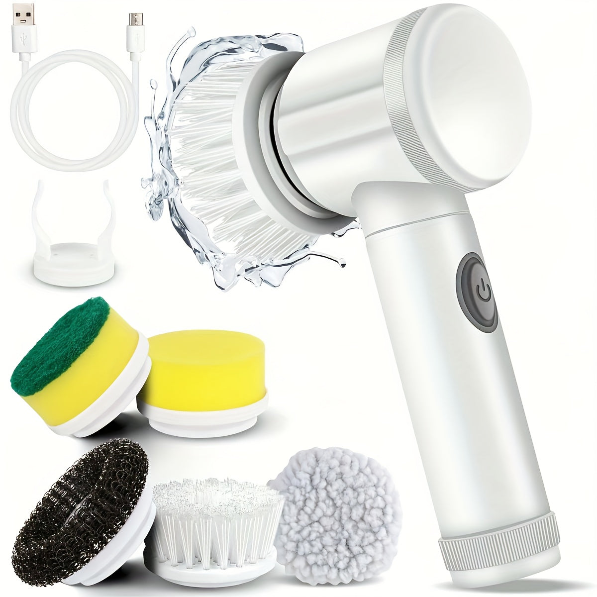 Laveur électrique portable : 5 brosses interchangeables pour baignoires, sols, carrelages, plaques, vitres et éviers. Nettoyage facile et efficace.