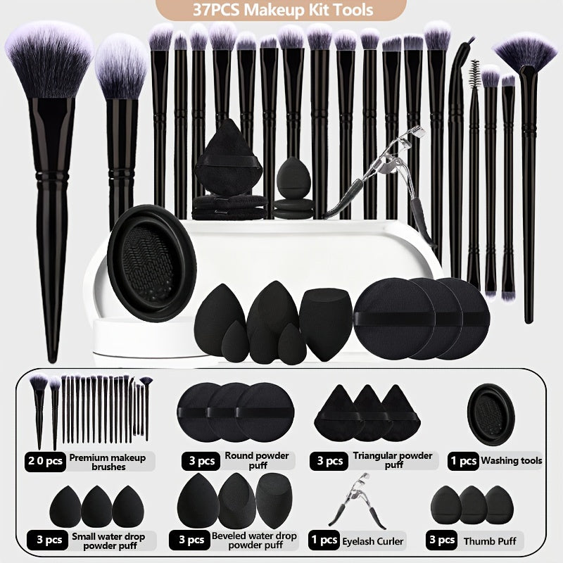 Set cadeau maquillage 37 pcs, pinceaux, éponges, accessoires nettoyage, polyvalent pour poudres, fond de teint et soins beauté précis.