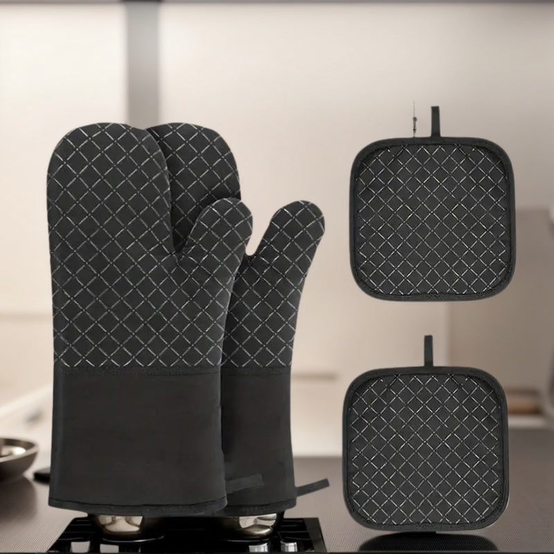 Ensemble gant et tapis de cuisine : polyester durable, facile à nettoyer, résistant à la chaleur. Accessoire essentiel pour une utilisation domestique quotidienne.