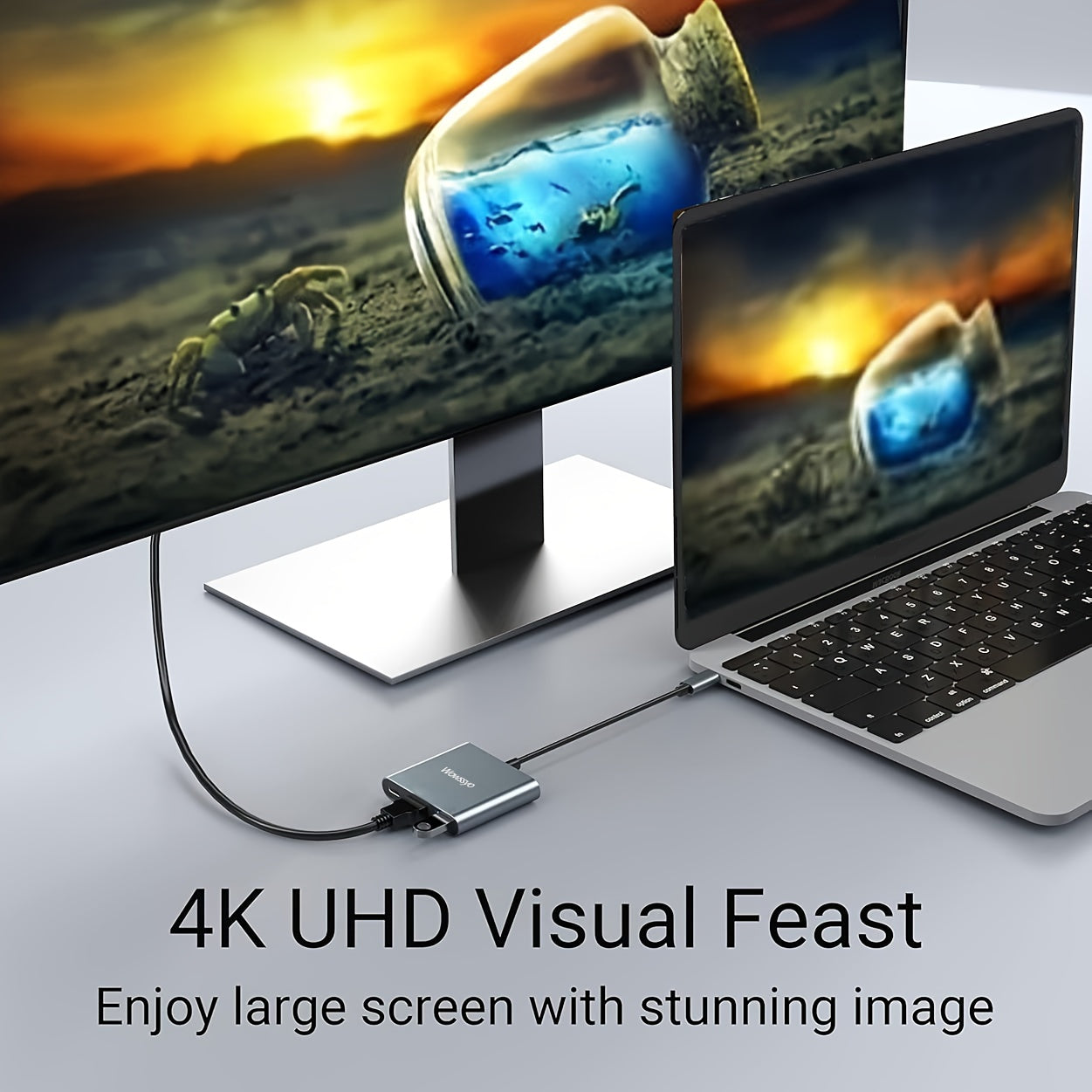 Hub USB-C 3-en-1 Wowssyo : Adaptateur aluminium, ports USB 3.0, PD 100 W, sortie 4K HDTV, compatible MacBook, iPad, PC et Nintendo Switch.