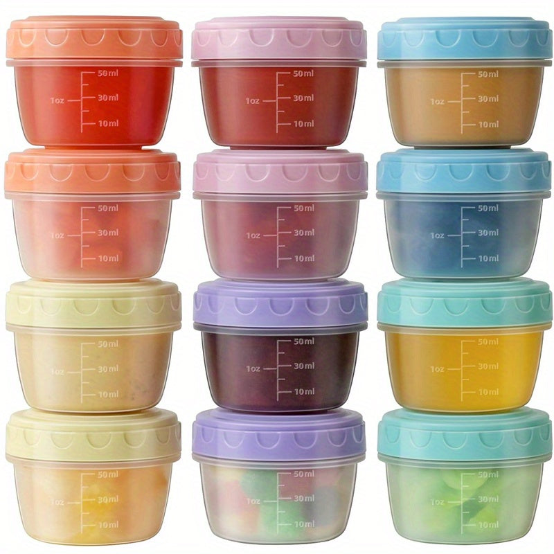 Lot de 12 contenants à sauce 2 oz avec couvercles, étanches, empilables, sans BPA, compatibles micro-ondes, lave-vaisselle et congélateur.
