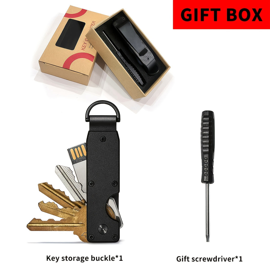 Boîte à clés compacte en métal, motif fibre de carbone, résistante aux rayures, légère et portable, avec mini tournevis et porte-clés bleu.