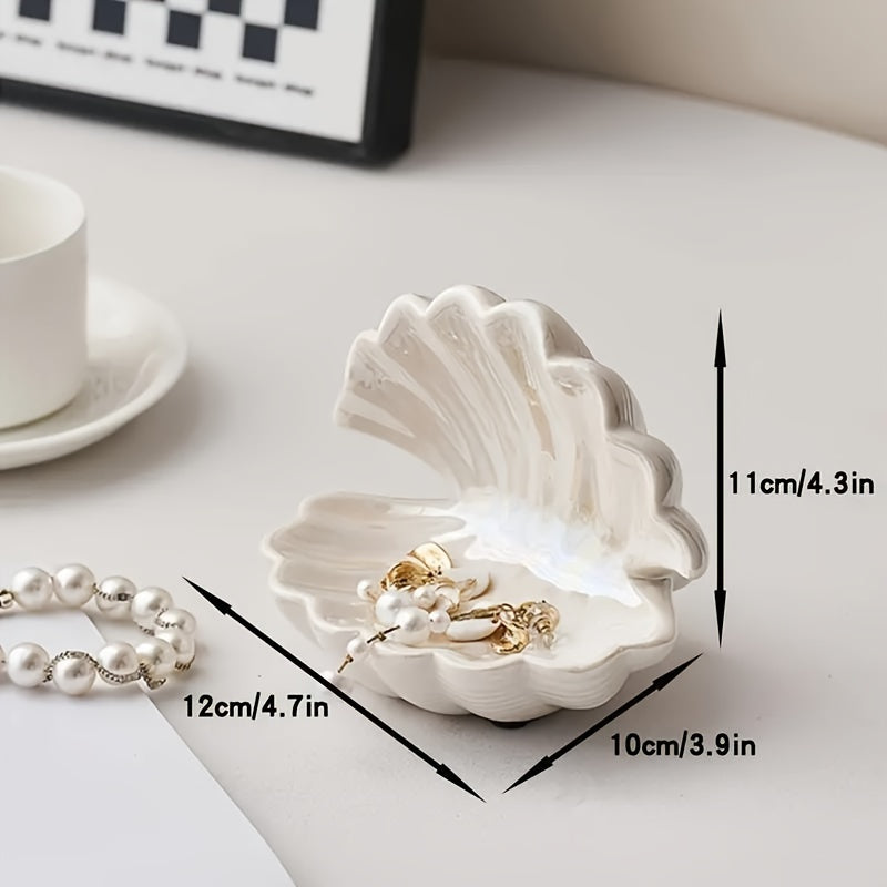 Ceramic Shell Jewelry Tray - Art Deco Style, Multipurpose Semi-Circular Key and Jewelry Holder - For Entryway/Vanity - Home Room Decor - Thoughtful Gift for Mother/Friend - Perfect for Weddings &amp; Housewarmings