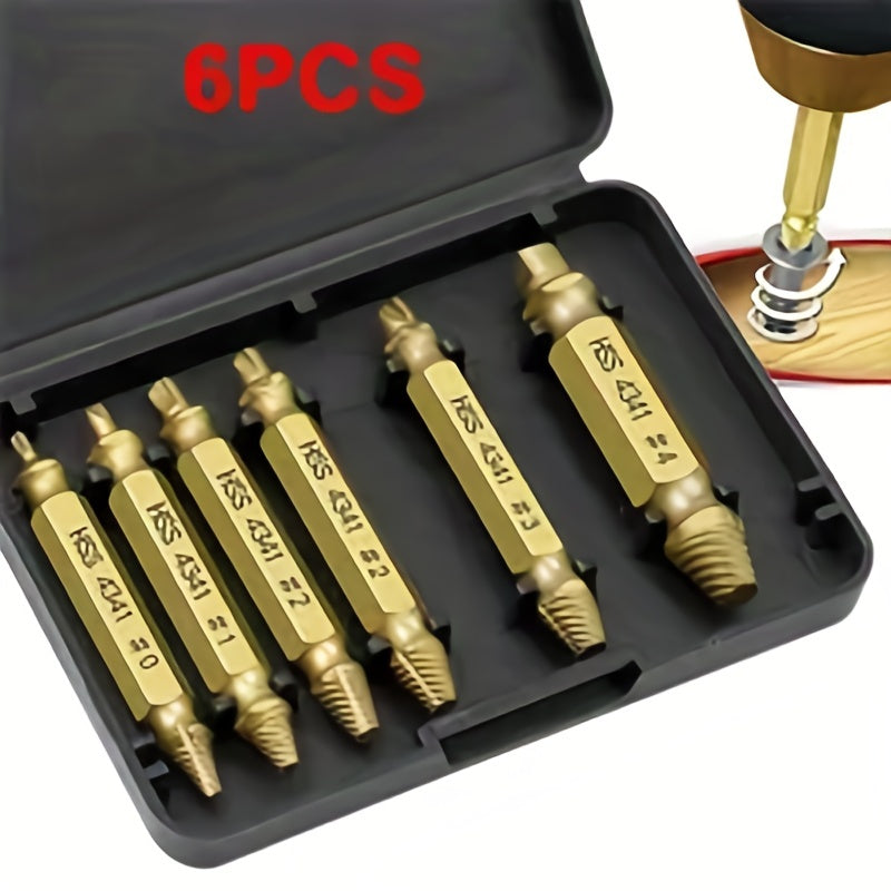 6pcs High-Carbon Steel Screw Extractor Set, Golden, Damaged Screw &amp; Nail Remover Tools with Durable Case - Perfect for Stuck or Frozen Fasteners