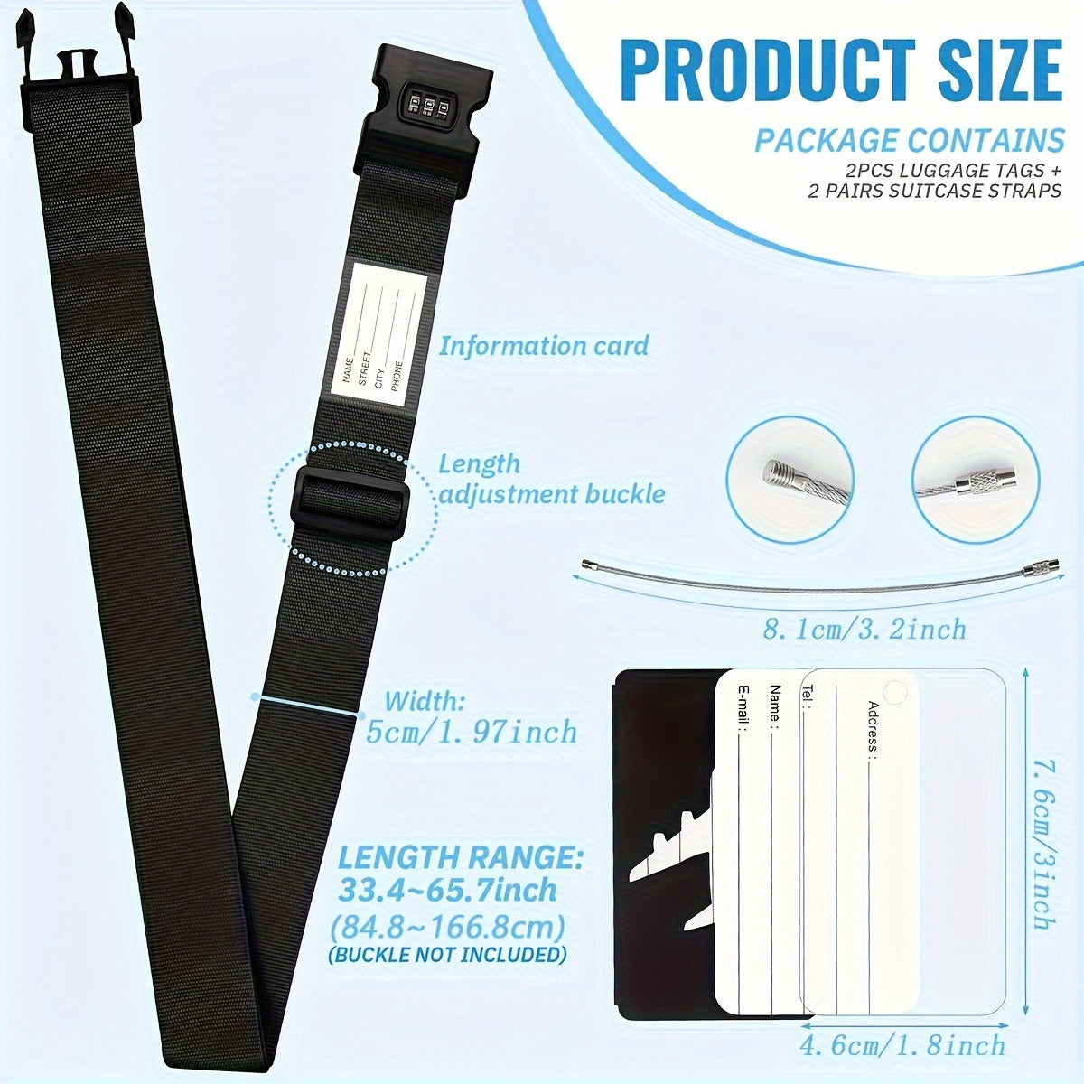 Lot de 4 sangles bagages en polypropylène, avec boucle combinée et fenêtre ID, durables et anti-vol, adaptées voyages et style minimaliste.