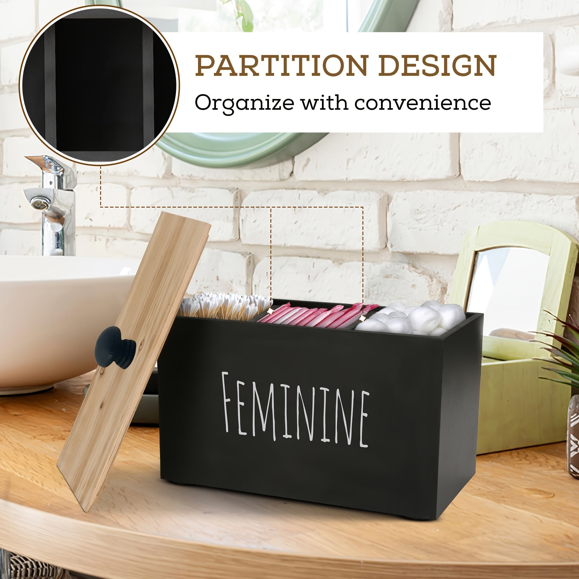 Heaven and Earth Solid Wood Desktop Storage Box with Lid - Multi-Purpose Organizer for Bathroom, Sanitary Pads, Makeup Pads & Household Essentials, Rectangular Design, No Power Needed, Bathroom Organizers And Storage, Minimal