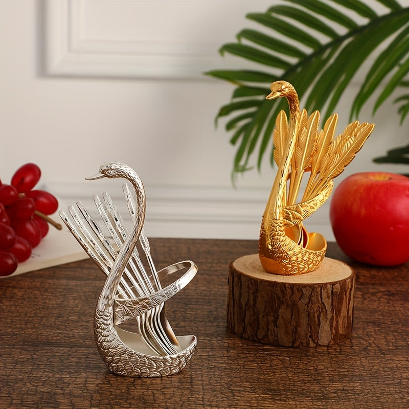 Golden and Silvery Gray Alloy Metal Spoon Set, Elegant, Rustproof, Durable, Washable, Flatware Set with Swan Decorative Stand, Cute Coffee Spoon, Dessert Spoon, for High-end Restaurants, Camping, Dining, Mother'S Day, Father'