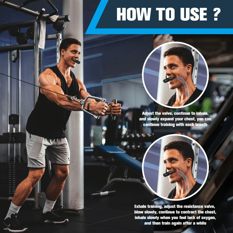 Entraîneur respiratoire réglable avec résistance ajustable, base antidérapante portable, embout ergonomique, améliore capacité pulmonaire pour adultes et sportifs.