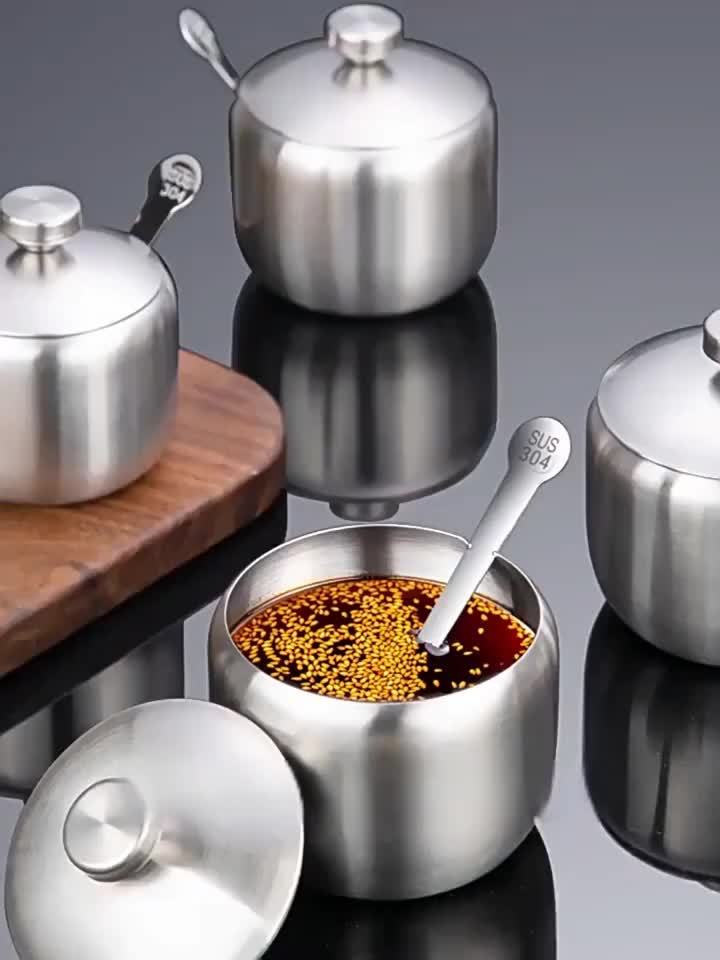 3pcs Set: 1pc Jar + 1pc Lid + 1pc Spoon, Round Handle Stainless Steel Spice Jar - Multi-Functional Sugar Container for Salt, Pepper &amp; MSG Storage, Durable Shaker Bowl with Drill-Free Installation, Reusable Salad Dish, Kitchen