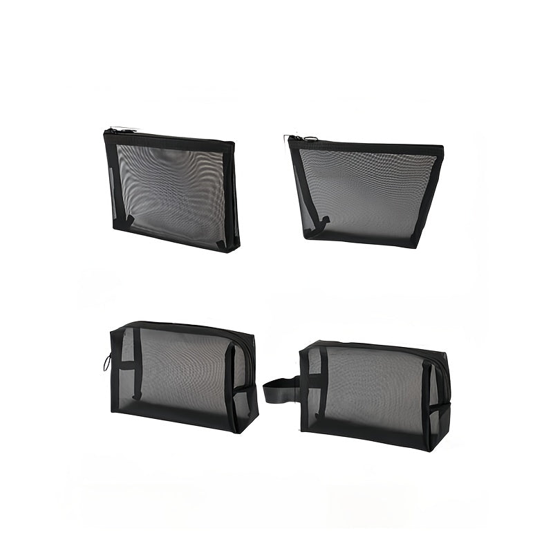 Set de 4 pochettes en filet avec poignées – grand, moyen, petit, multifonction : maquillage, monnaie, documents, voyage ou maison.