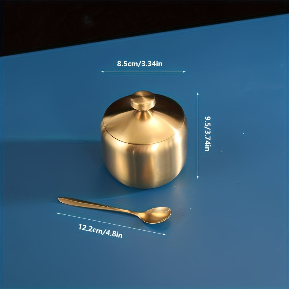 3pcs Set: 1pc Jar + 1pc Lid + 1pc Spoon, Round Handle Stainless Steel Spice Jar - Multi-Functional Sugar Container for Salt, Pepper &amp; MSG Storage, Durable Shaker Bowl with Drill-Free Installation, Reusable Salad Dish, Kitchen