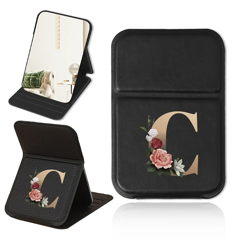 Miroir de maquillage pliable portable, design floral noir et doré, léger, étanche et anti-poussière, parfait cadeau pour enseignants et proches.