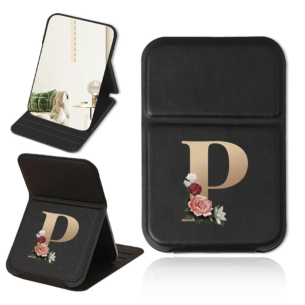 Miroir de maquillage pliable portable, design floral noir et doré, léger, étanche et anti-poussière, parfait cadeau pour enseignants et proches.