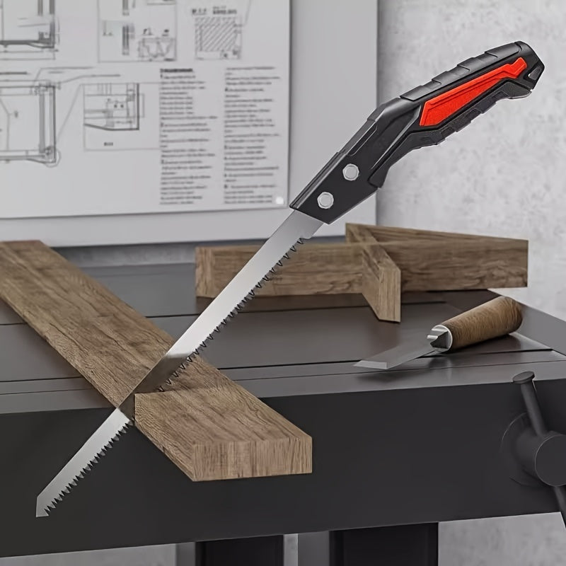 Scie manuelle compacte pour bois et élagage, idéale pour arbres fruitiers, jardinage précis et petits travaux de menuiserie à domicile.