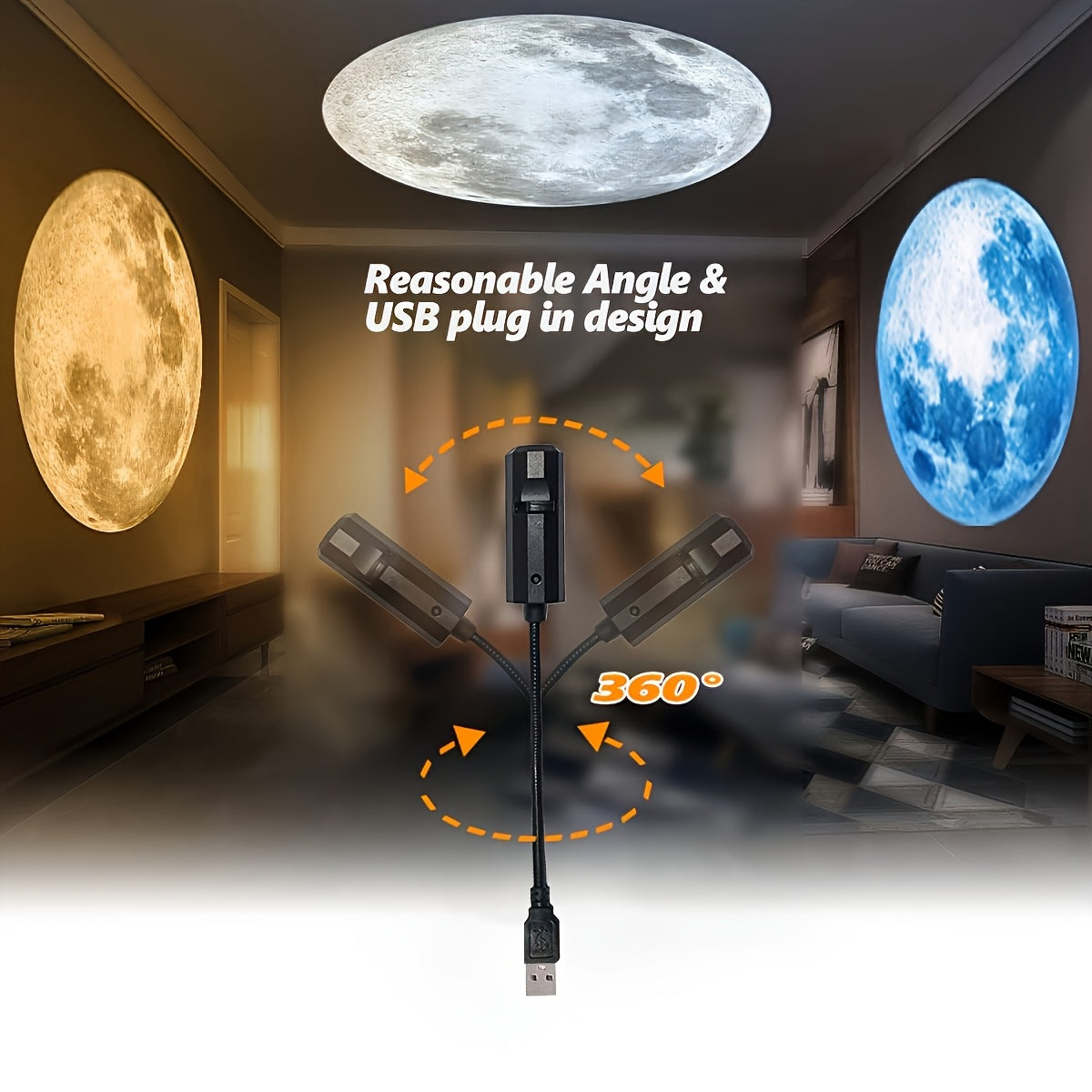 Set lampe LED projection lune 4 pcs 1 lumière principale + 3 couleurs (jaune, blanc, bleu), USB, portable, rotation 360°, idéale pour plafond, chambre ou décor événementiel.