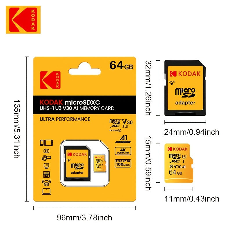 Carte Mémoire Kodak Micro TF U3 : Capacités 32 à 256 Go avec adaptateur SD, UHS-I haute vitesse, idéale 4K/120fps, compatible smartphones et caméras.