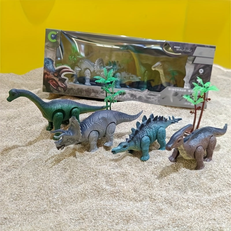 Dinosaure réaliste 4‑en‑1 et arbre 2‑en‑1, mâchoires et yeux mobiles, plastique durable, jouet interactif.