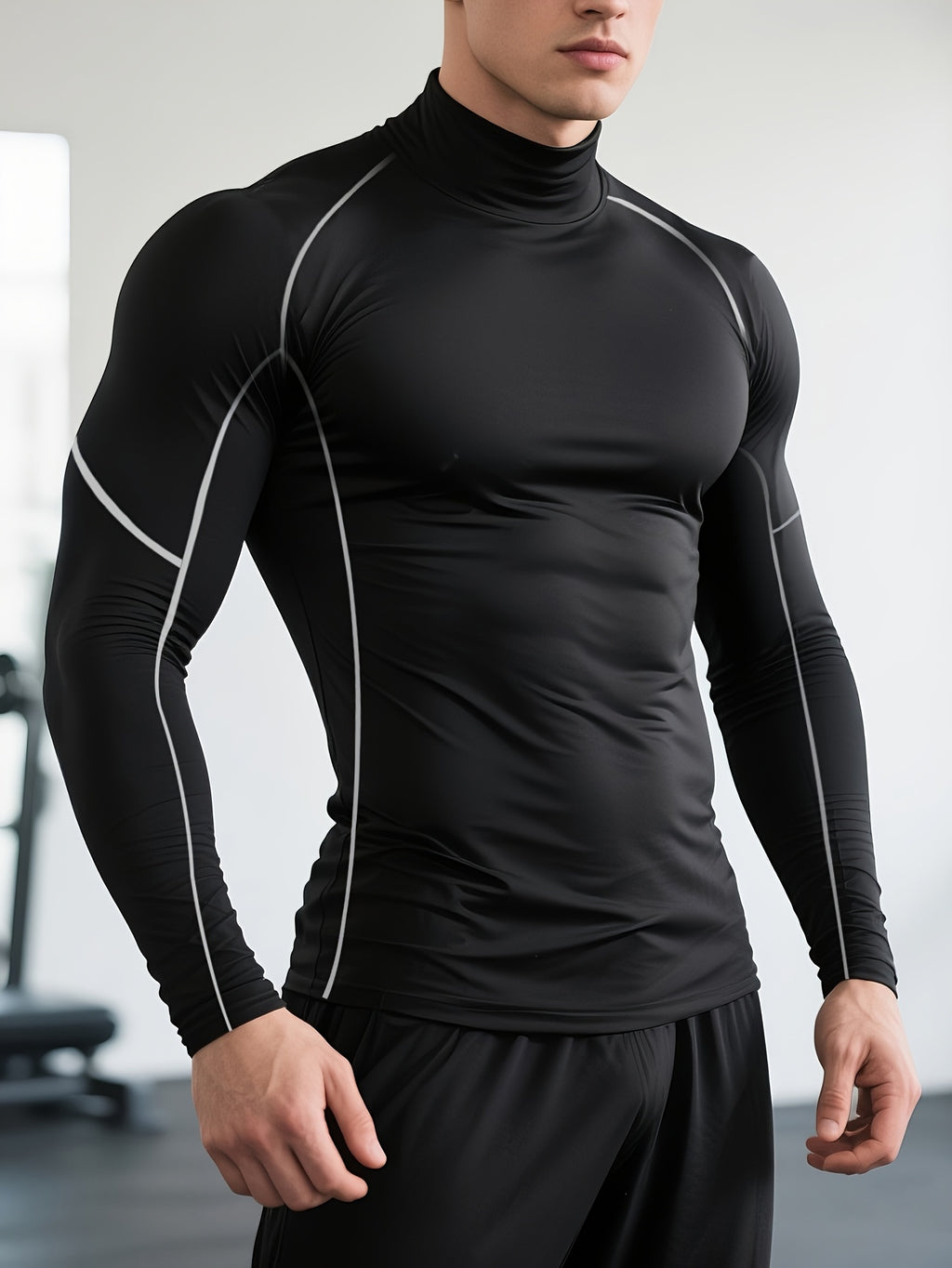 T-shirt de fitness homme à séchage rapide, col haut et manches longues, ajusté, parfait pour le gym, boxe et entraînements toute saison.