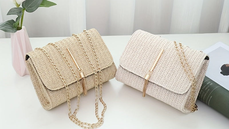 Visually Appealing Woven Crossbody Bag with Golden-Tone Hardware &amp; Detachable Chain Strap - Lightweight Casual Small Square Shoulder Bag for Women, Spacious Snap Closure Purse for Commuting &amp; Travel (19.05x7.11x13.97 cm), Cro