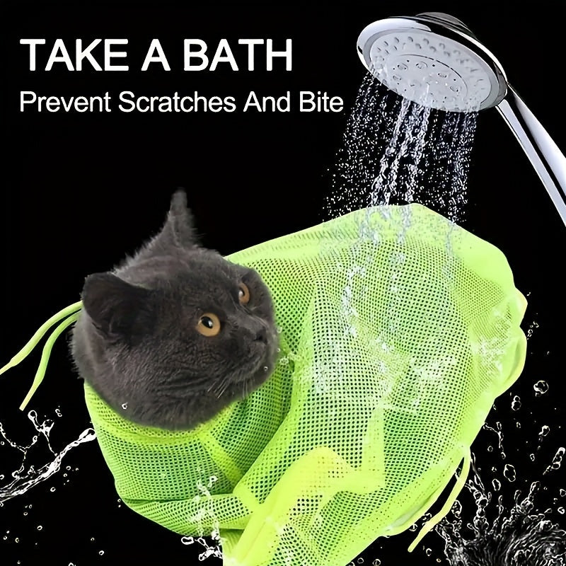 Sac de toilettage WhiskerWonders pour chat, polyester ajustable, maille respirante, non électrique, assure bain sécurisé et confortable.