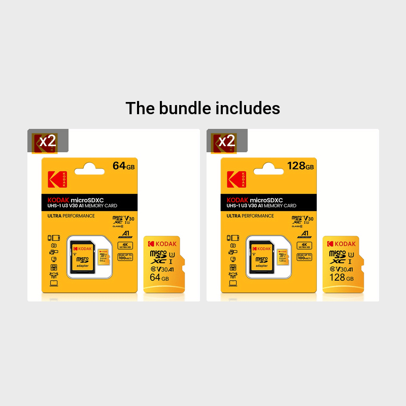 Carte Mémoire Kodak Micro TF U3 : Capacités 32 à 256 Go avec adaptateur SD, UHS-I haute vitesse, idéale 4K/120fps, compatible smartphones et caméras.
