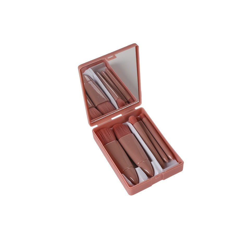 Set de pinceaux cosmétiques portable multifonction avec miroir, poils doux, design mignon, étui pastel rose et doré, idéal pour voyages.