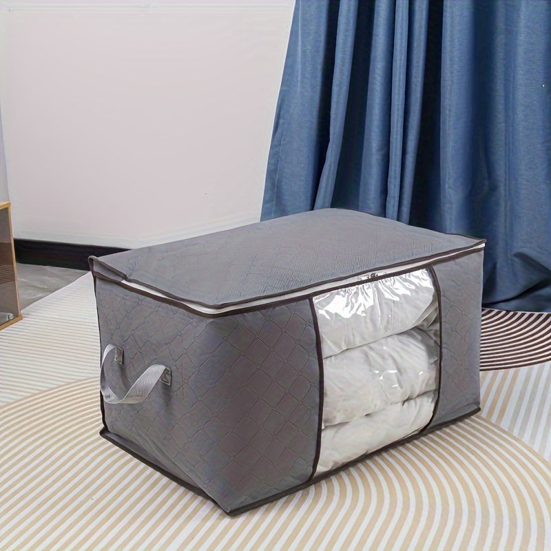 Sac de rangement vêtements grande capacité avec fenêtre transparente, organise vêtements, couvertures ou accessoires, pratique pour placard ou stockage à domicile.