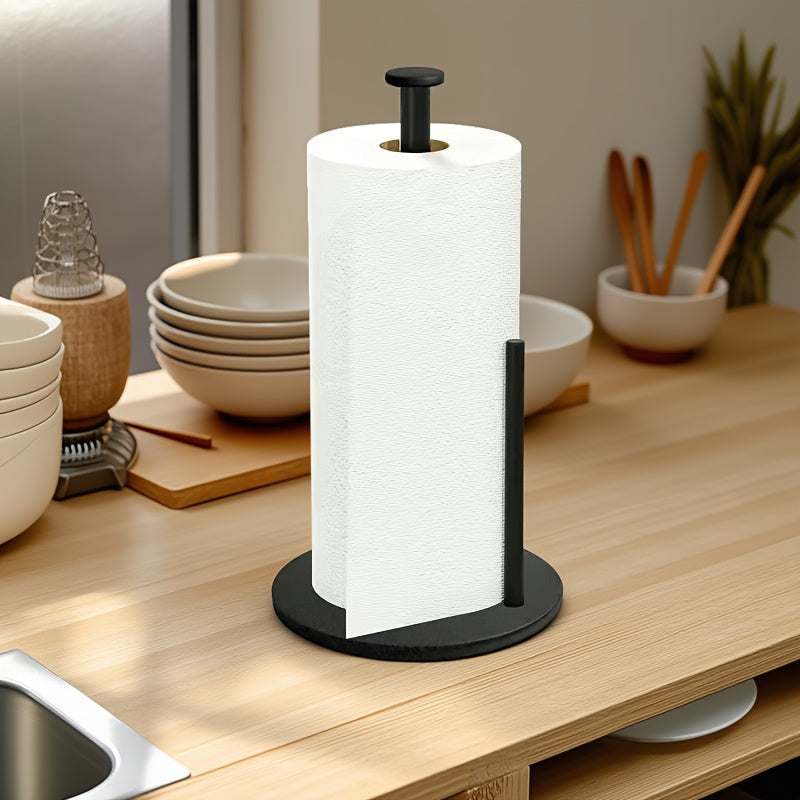 Distributeur essuie-tout en acier inoxydable premium, argenté, base lestée, pratique pour cuisine et rangement organisé.