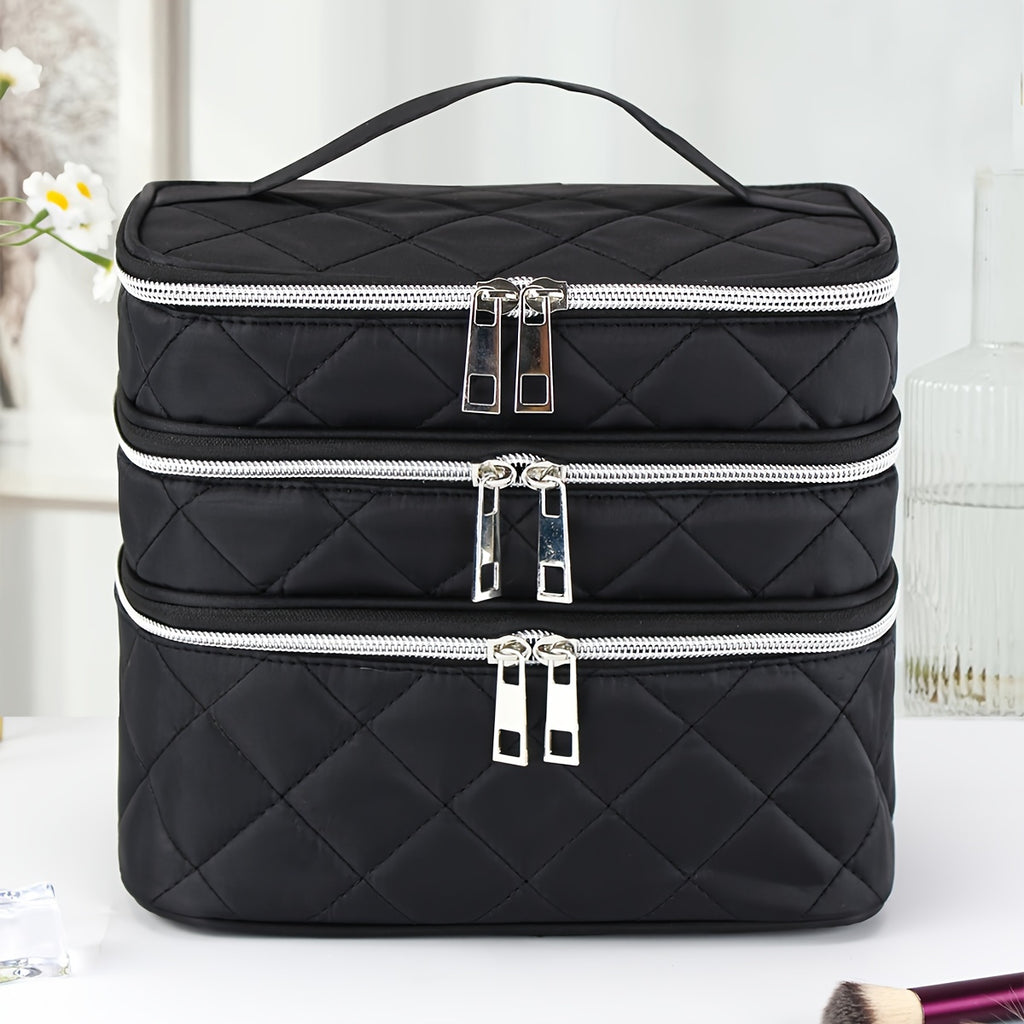 Large Capacity Black Rhombus &amp; Travel Organizer Handbag - 3-Tier/Double-Layer Portable Makeup Case with Golden-Tone Zippers, White Piping Trim, Durable Multi-Compartment Storage for, Spacious for Brushes, Lipstick, Electronic
