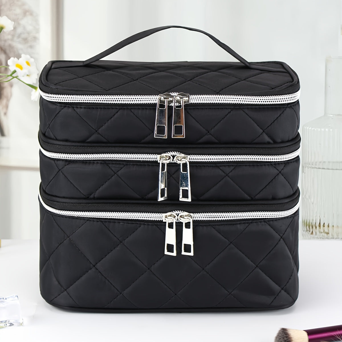 Large Capacity Black Rhombus &amp; Travel Organizer Handbag - 3-Tier/Double-Layer Portable Makeup Case with Golden-Tone Zippers, White Piping Trim, Durable Multi-Compartment Storage for, Spacious for Brushes, Lipstick, Electronic