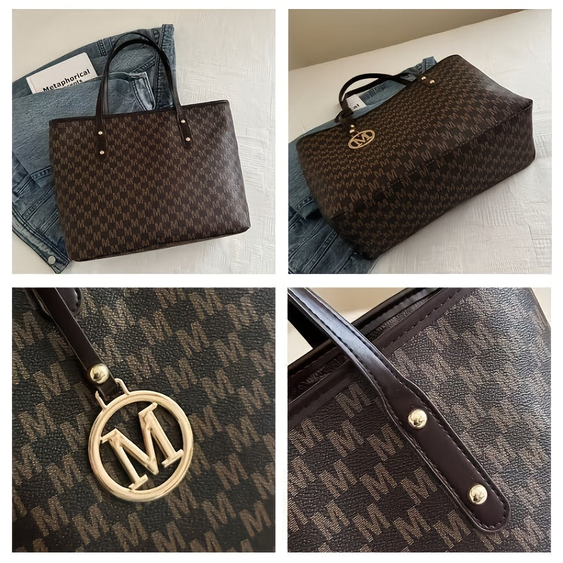 2025 Women's Designer-Inspired Large Tote Bag - Geometric Synthetic Leather Handbag with Detachable Golden Chain Strap &amp; 'M' Monogram Accent, Lightweight Work Purse for Office, School, Shopping - Coffee Brown, Beige, Black -