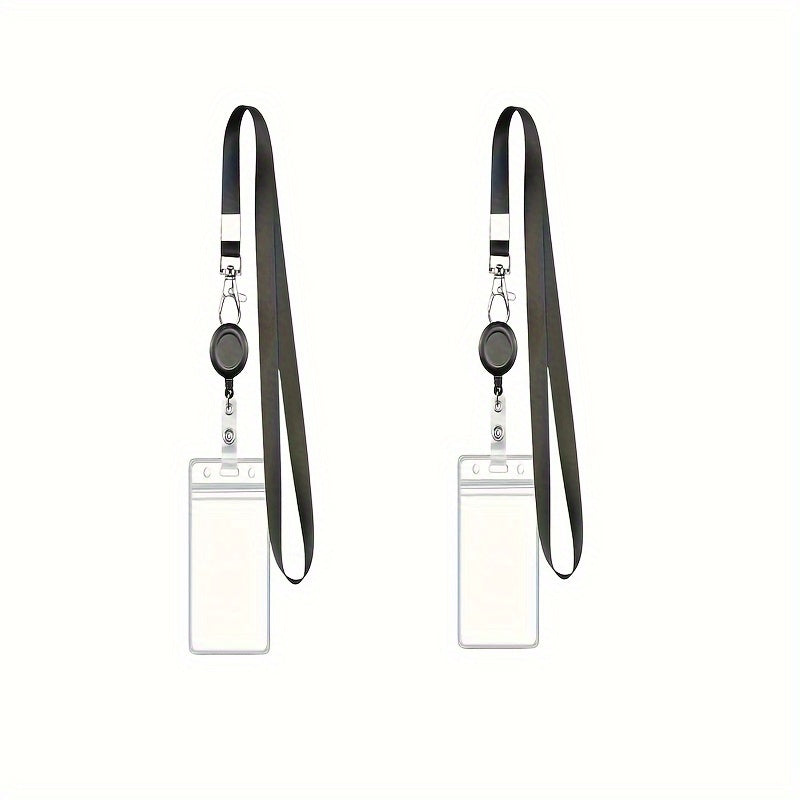 Lot de 2 lanières noires avec enrouleur rétractable et clip ID, accompagné de cartes verticales, parfait pour enseignants et bureaux.