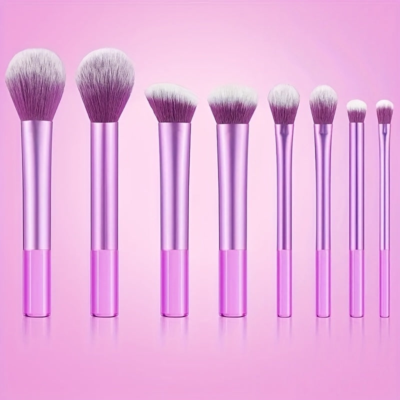 Set portable de 8 pinceaux maquillage, manches synthétiques légers et résistants, poils doux de qualité supérieure, couleurs variées.