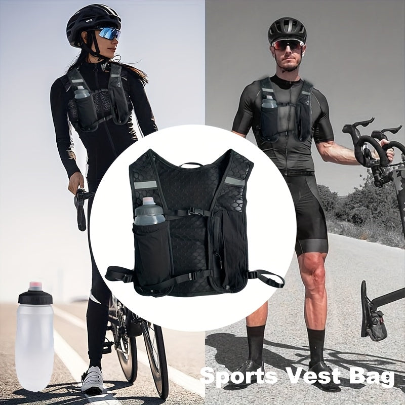 Sac à dos sportif type gilet avec poches multiples, mesh respirant, design ergonomique, idéal pour course, randonnée et hydratation mains libres.
