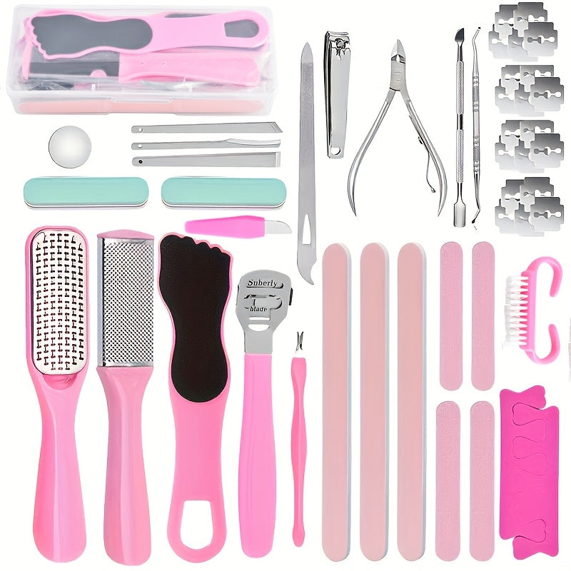 Set pédicure 47 pièces rose avec étui, soins professionnels, 20 lames remplaçables, pousse-cuticules, râpe callosités, acier inoxydable, plastique sans parfum, voyage.
