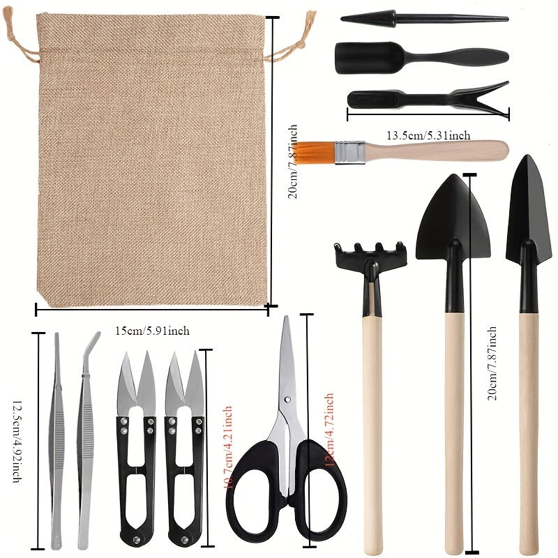 13PCS Mini Garden Hand Tools Set - Metal &amp; Wood Transplanting Shovel Kit with Fabric Pouch for Outdoor Bonsai Planting - Manual Use without Electricity