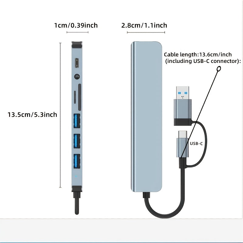 Multi-Function Hub, USB &amp; TYPE-C Ports, featuring USB 3.0 + USB-C + SD/TF + 3.5mm Audio. A versatile docking station that supports seamless multi-port collaboration, suitable for smartphones, tablets, and computers for both v