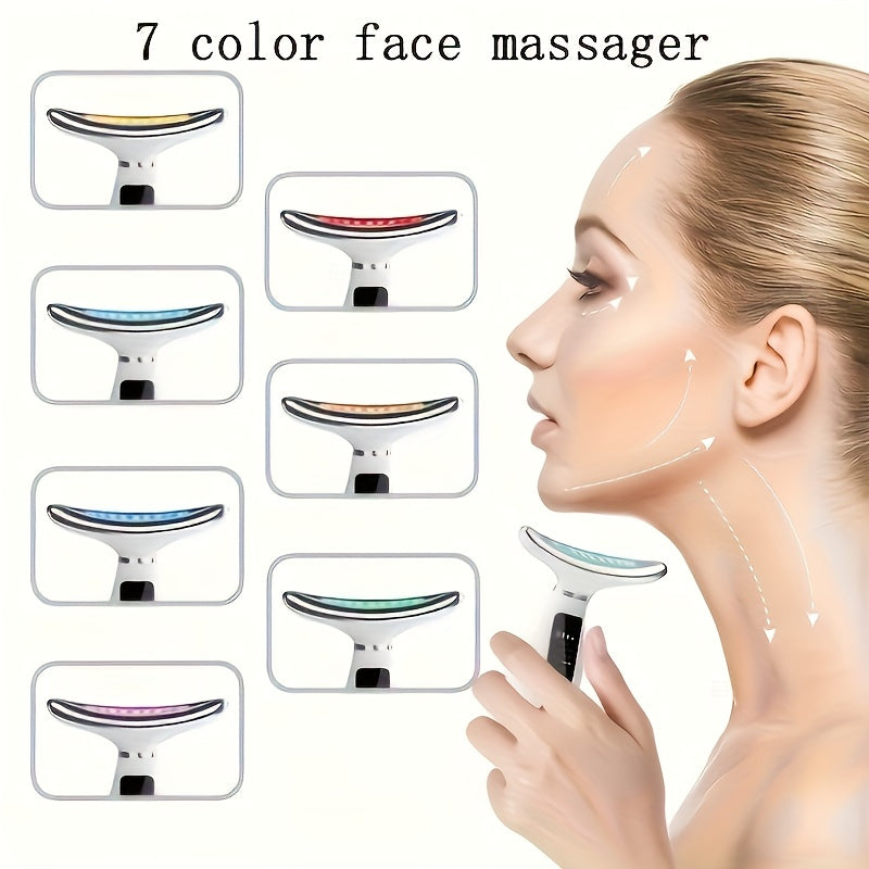 Appareil de soin visage et cou rechargeable, 7 modes, massage vibrant et chauffant, design ergonomique, améliore routine beauté à domicile.