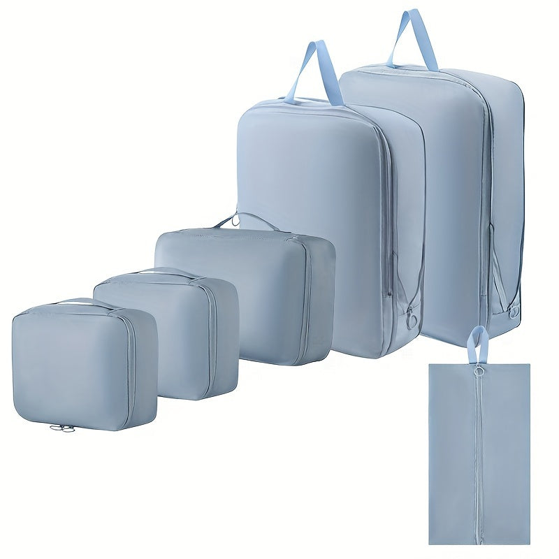 Ensemble minimaliste de 6 cubes de compression en polyester durable, idéal pour organiser vêtements et articles de toilette dans les bagages.
