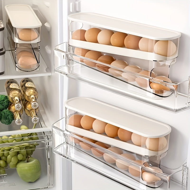 1 Space-Saving Double-Layer Transparent Automatic Rolling Egg Storage Box with Lid - Heavy-Duty PP Plastic, 4-Tier Egg Organizer for Fridge Door and Countertop, Food-Safe Kitchen Storage Solution, Essential Refrigerator Egg H