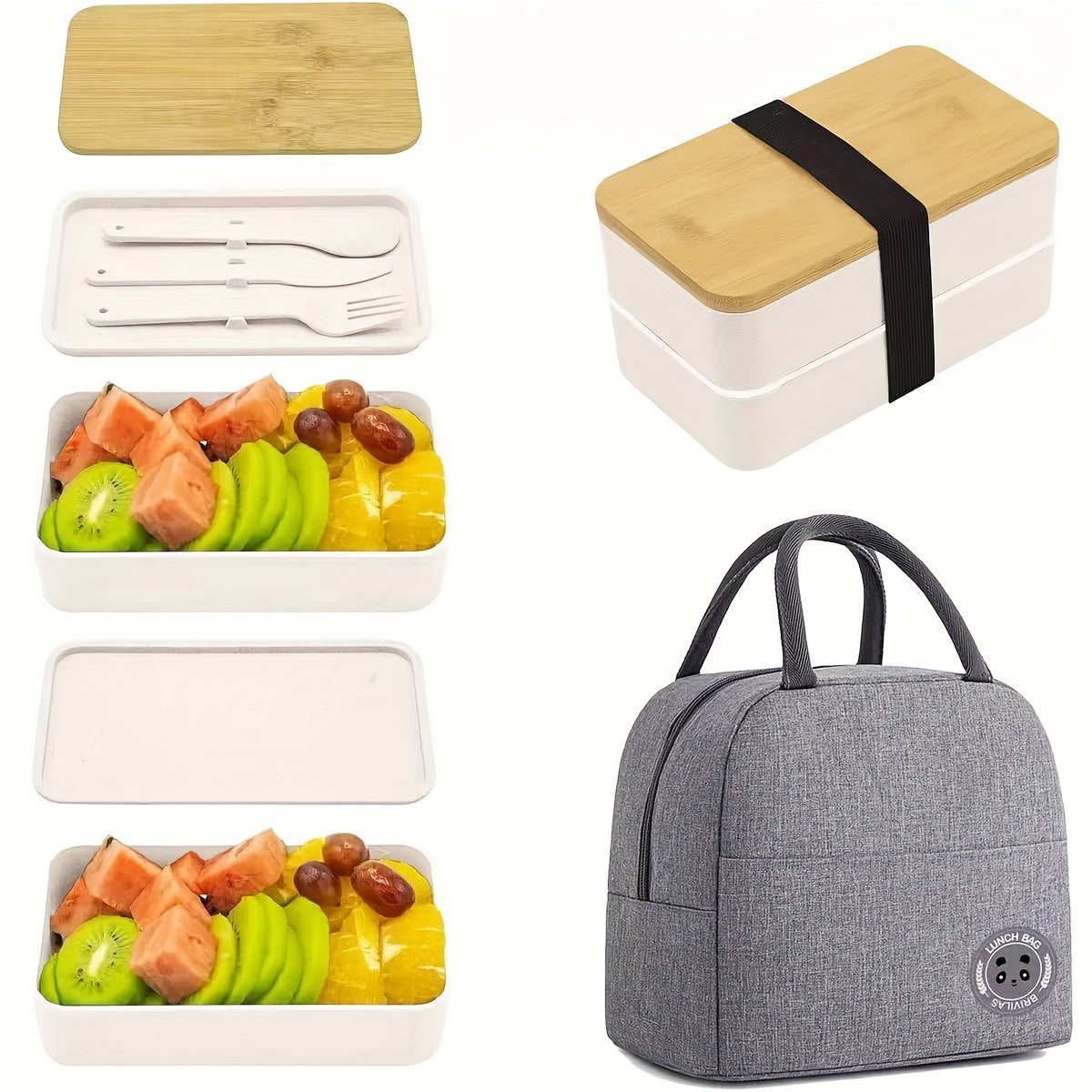 Japanese-Style Bento Box with Insulated Bag &amp; Bamboo Lid - Microwave-Safe Large Lunch Box, Multi-Compartment PP/Wood Meal Container for, Office, Travel - Portable Japanese Lunch Tote with Dividers (No Leak)