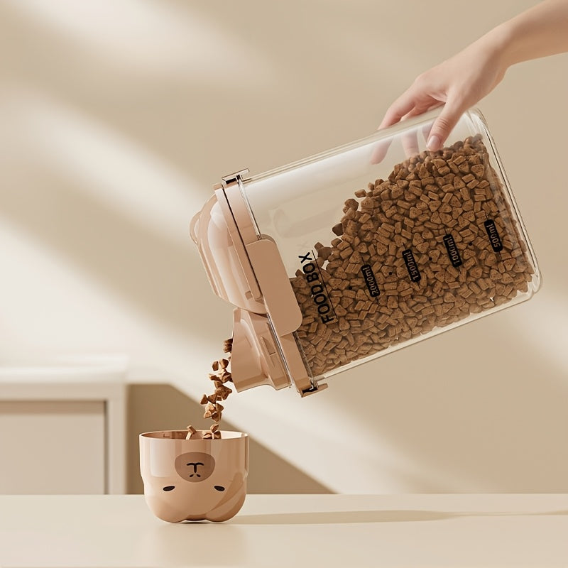 Seau hermétique pour nourriture de chien 2–2,8 L, plastique transparent, portable, idéal pour stocker croquettes et friandises en voyage.