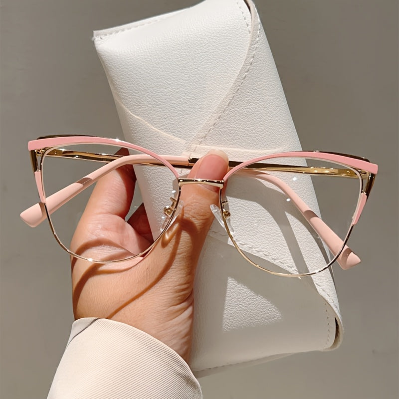 Paire de lunettes style œil de chat pour femmes, monture métallique légère, tendance rétro, couleur rose élégante, sans correction.
